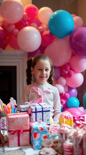 Professional photo of best ever birthday party with lots of presents and balloons for a 5 year old girl