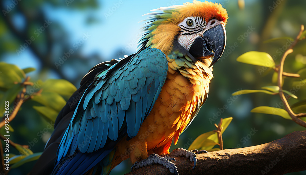 A vibrant, multi colored macaw perches on a branch in the rainforest generated by AI