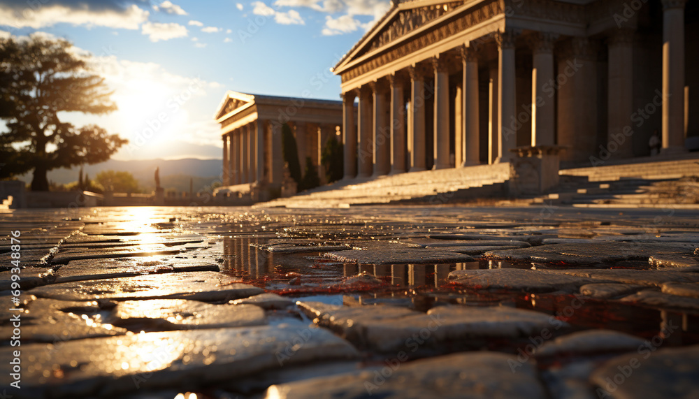 Fototapeta premium Famous old monument, sunset illuminates ancient architectural column generated by AI