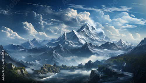 Majestic mountain peak, blue sky, tranquil meadow, snowy landscape generated by AI