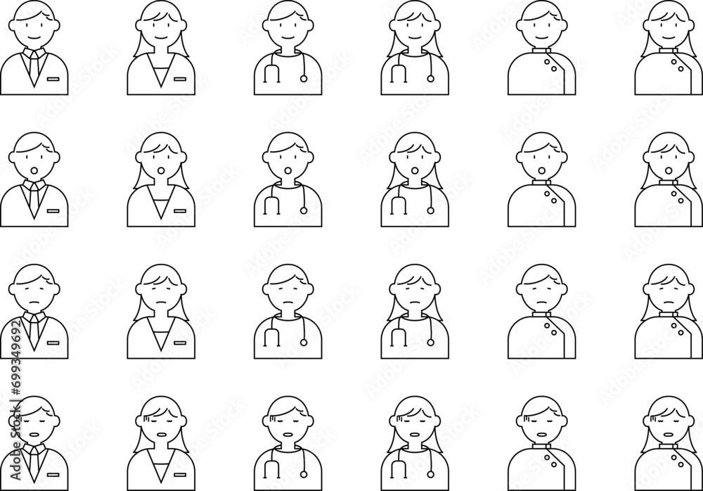 医者 人物 アイコン イラスト セット 白衣 ドクター 聴診器 看護師 表情 バリエーション 医者 人物 アイコン イラスト セット 白衣 ドクター 聴診器 看護師 表情 バリエーション