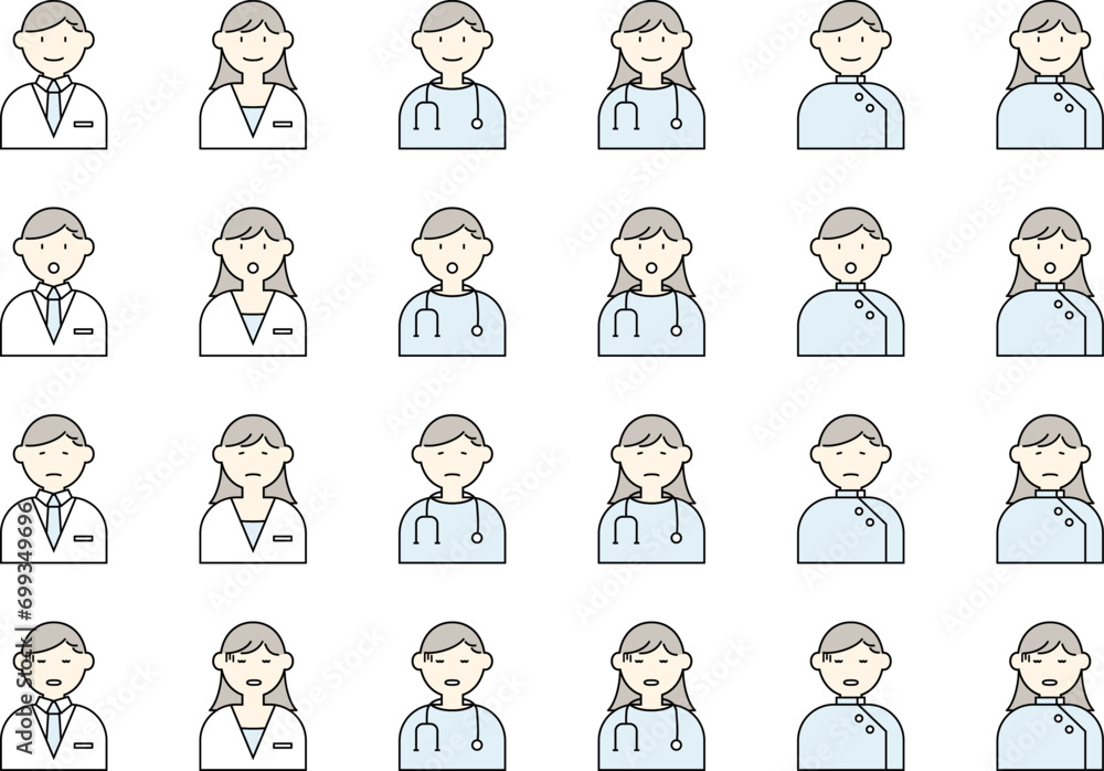 医者　人物　アイコン　イラスト　セット　白衣　ドクター　聴診器　看護師　表情　バリエーション