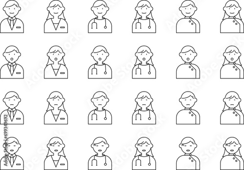 医者　人物　アイコン　イラスト　セット　白衣　ドクター　聴診器　看護師　表情　バリエーション
