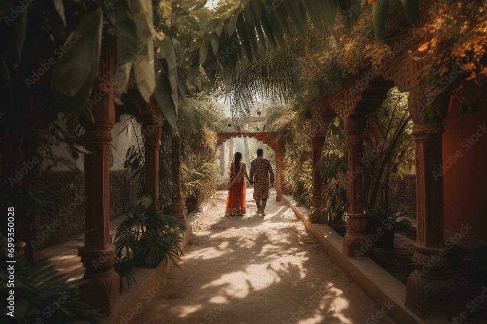 Exotic oasis, matrimonial journey. Generative AI - obrazy, fototapety, plakaty 