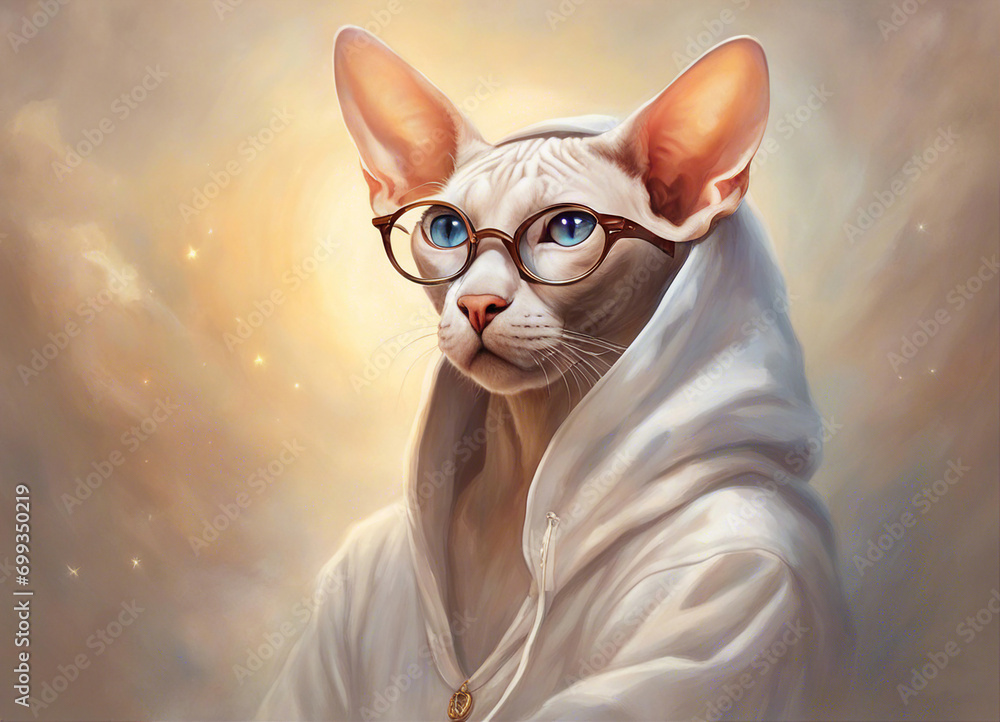 Cat with glasses. Cat in a white hoodie. Round glasses. Sphynx cat close-up. Fantastic background. Selective \focus. AI generated