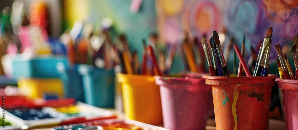 Vibrant art supplies at a kindergarten. Vibrant art supplies at a kindergarten.