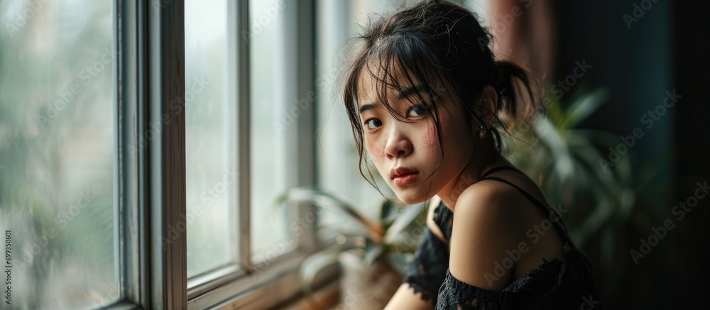 Asian girl upset, crying on windowsill, feeling lonely or insulted, quarrel with parents or friends, home interior, panoramic. Asian girl upset, crying on windowsill, feeling lonely or insulted, quarrel with parents or friends, home interior, panoramic.