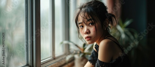 Asian girl upset, crying on windowsill, feeling lonely or insulted, quarrel with parents or friends, home interior, panoramic.