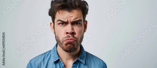 Displeased young Caucasian man wearing casual blue shirt shows aversion with disgusted expression. photo