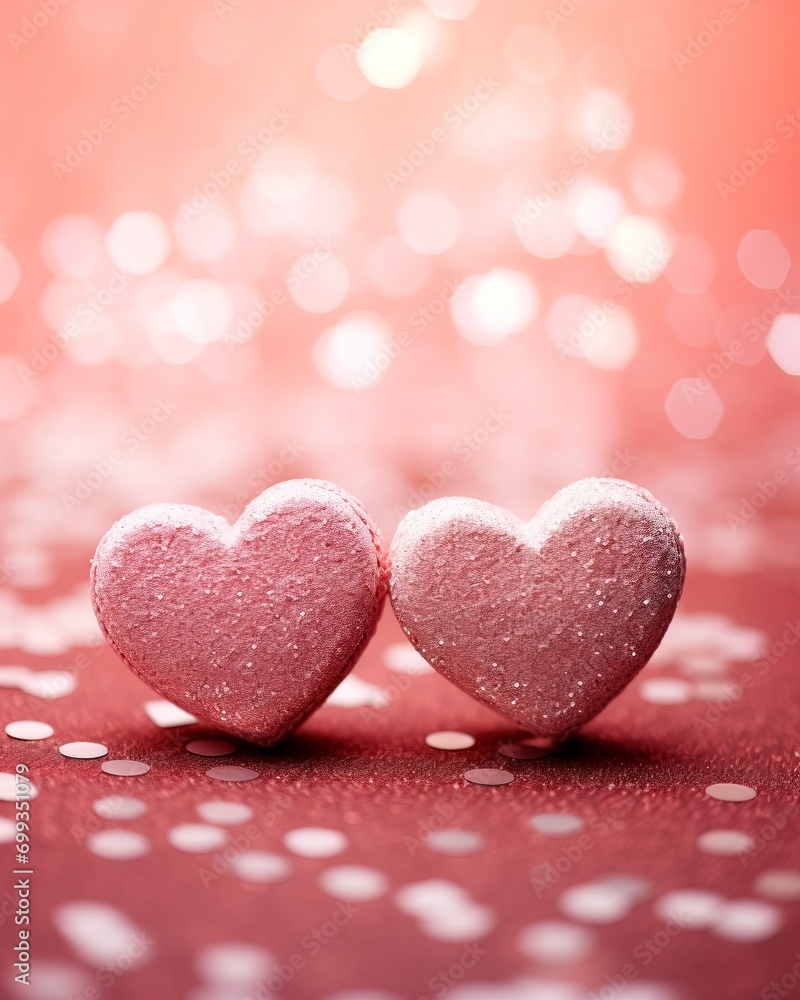 Two Soft Pink Hearts With Lace On red Glitter Background With Sparkles, copy space - generative ai