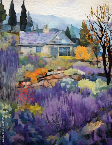 Landscape, watercolor painting. Mosaic painting patchwork,..Mediterranean, lavender fields