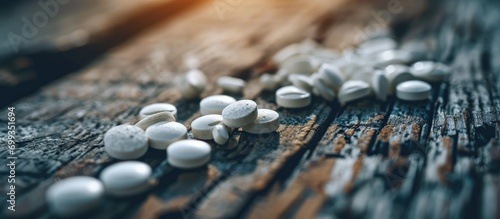 Oxycodone is the generic name for opioid pain tablets, seen on a wooden table. photo
