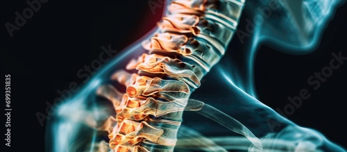 X-ray film of the spine reveals cervical spondylosis, a degenerative disc disease. The patient has phone addiction and experiences neck pain, numbness, and weakness. Focus on the area of discomfort. photo