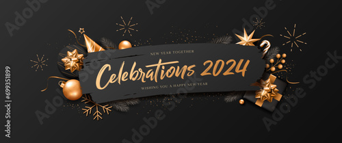 Happy new year, Celebrations 2024 ornaments gold and black, greeting card banner design on black background, Eps 10 vector illustration
