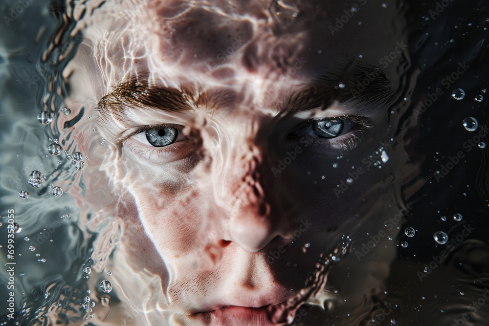 Man's face partially submerged in clear water, self care, for cosmetic products ad