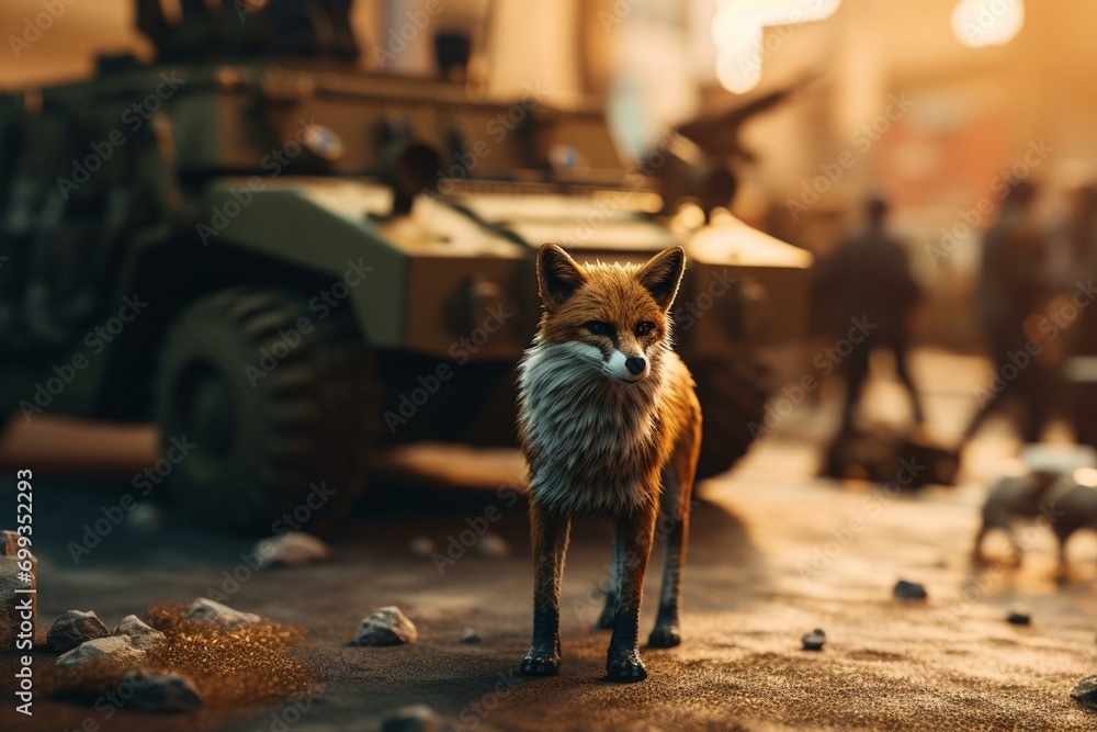 A Fox soldier defends a convoy against enemy forces in a battle. Generative AI - obrazy, fototapety, plakaty 