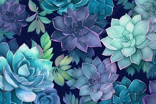 Blue background with watercolor succulent pattern. Generative AI