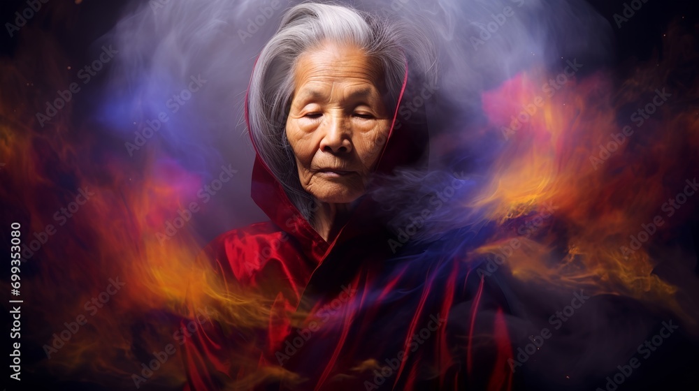 Spiritual Older Asian Woman In Divinity.  (Generative AI).