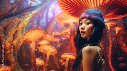 Asian Woman On A Magic Mushrooms Trip  (Generative AI). photo