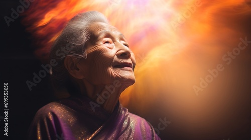 Spiritual Older Asian Woman In Divinity.  (Generative AI). photo