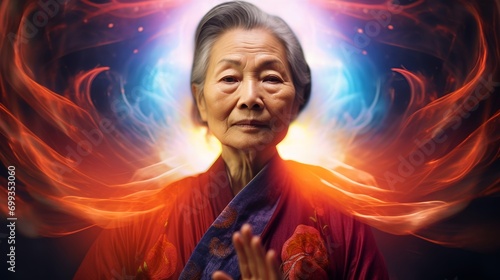 Spiritual Older Asian Woman In Divinity.  (Generative AI). photo