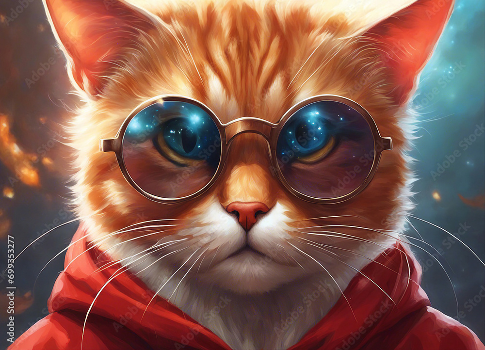 Cat with glasses. Cat in a red hoodie. Round glasses. Ginger cat close up. Fantastic background. Selective focus. AI generated