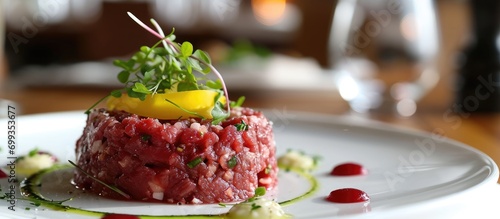 Classic steak tartare presented on a white plate, its raw beef exuding delectable flavors. photo