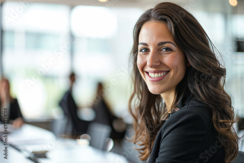 A smiling brunette business woman in a conference room photo