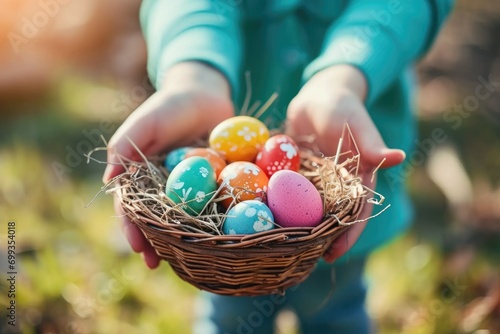 Child holding a basket of Colorful Easter eggs. Kids hunt for eggs outdoors concept. photo