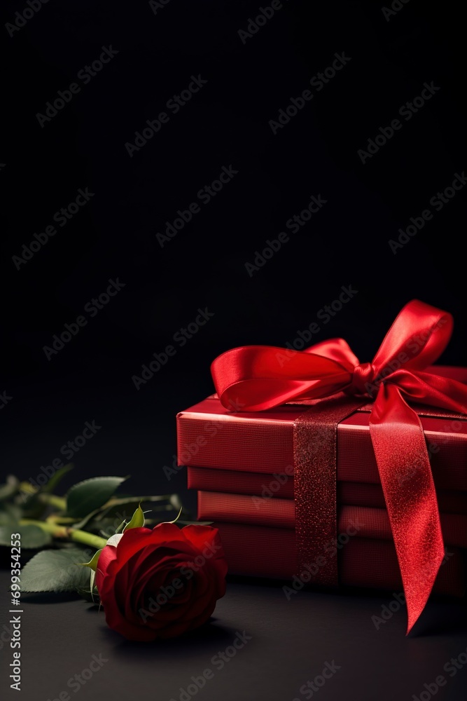 photo of gift box and red rose, Valentine's Day theme, dark background, copy space - generative ai photo of gift box and red rose, Valentine's Day theme, dark background, copy space - generative ai