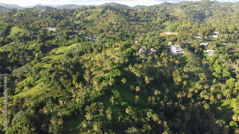 Aerial view of the green mountain range of Monte Rojo above the bay of Samaná in the Dominican Republic Aerial view of the green mountain range of Monte Rojo above the bay of Samaná in the Dominican Republic