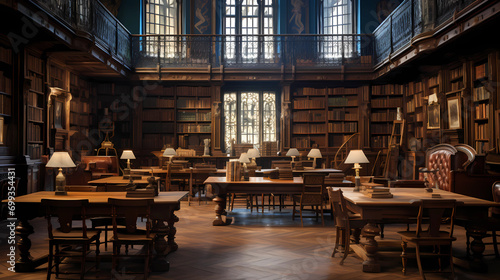 Deserted Library Reading Room with Antique Wooden Tables photo