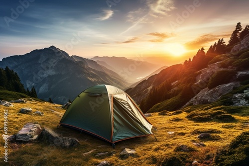 Mountain tent camping in the wilderness, a concept of recreation and hiking. Generative AI photo