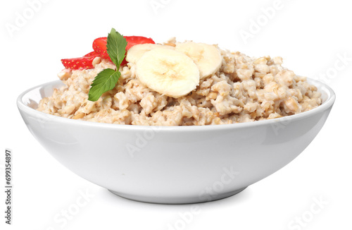 Tasty boiled oatmeal with strawberry and banana in bowl isolated on white