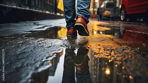 Reflection of a traveler in a rain puddle