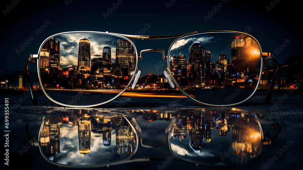 Reflection of city lights in sunglasses