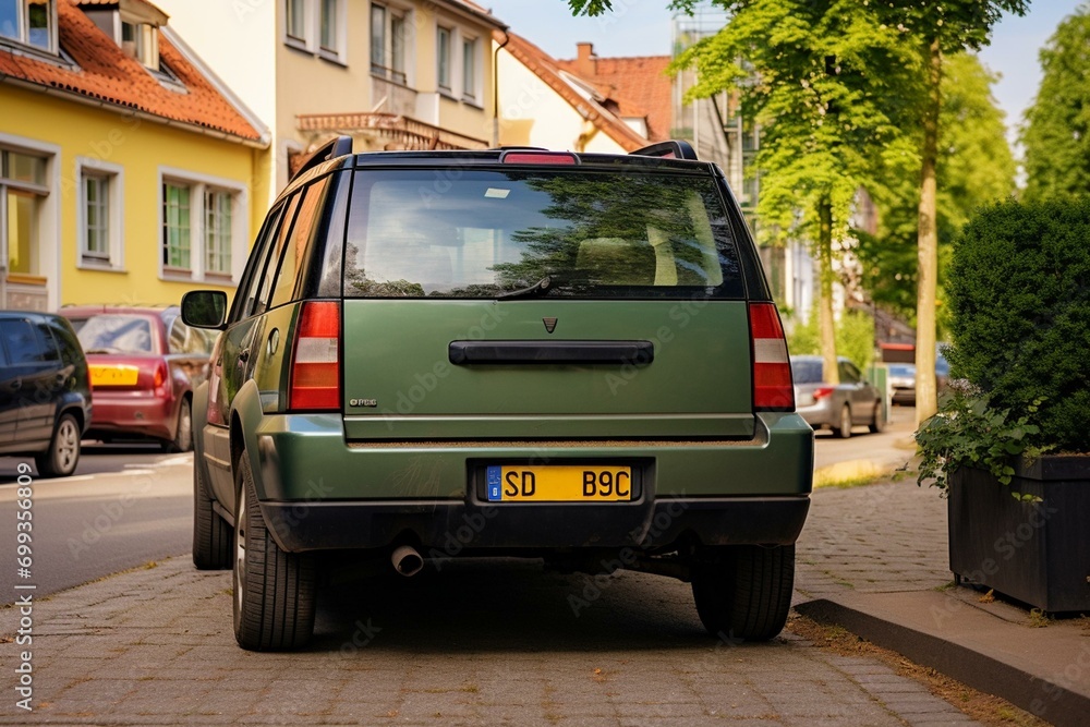 Rear view of parked green SUV with blank European license plate in residential area. Generative AI