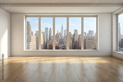empty living room with a view to city skyline