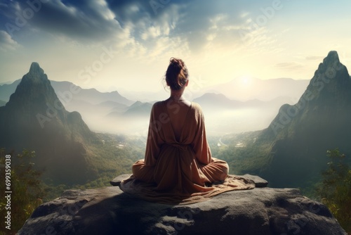 A Woman sitting in Meditation on top of the Mountain, represents Spiritual Enlightenment, Compassion, Love, and Inner peace. A representation of Devotion, Solitude and Grace