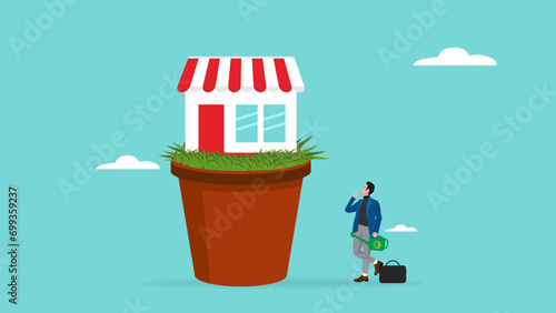 turning the store into a franchise concept illustration with business people brought a watering pot thinking about growing his shop into a franchise. Franchising business branch expansion concept