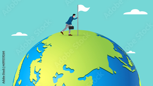 businessman surrender while holding a white flagpole on a globe vector illustration suitable to describe giving up on work and business