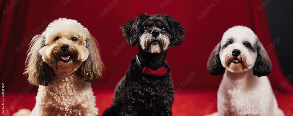 Three dogs with stylish neckwear posing on a red carpet, showcasing pet fashion.
