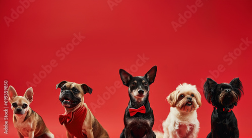 Three happy dogs in bow ties and bandanas on a luxurious red carpet.