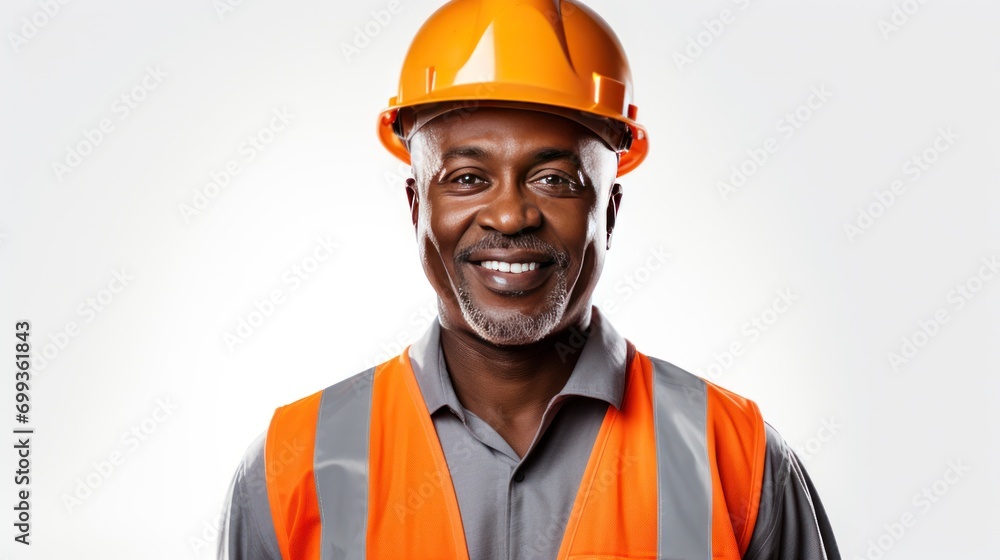 African American engineer smiling looking at camera isolated on white background African American engineer smiling looking at camera isolated on white background