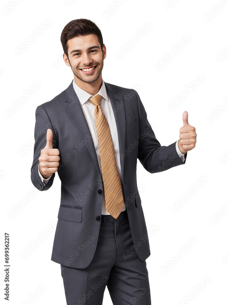 A businessman confidently smiling and giving a thumbs up, isolated, transparent background, no background. PNG. A businessman confidently smiling and giving a thumbs up, isolated, transparent background, no background. PNG.