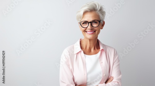 Cheerful pretty older woman in elegant glasses sitting isolated on white background 