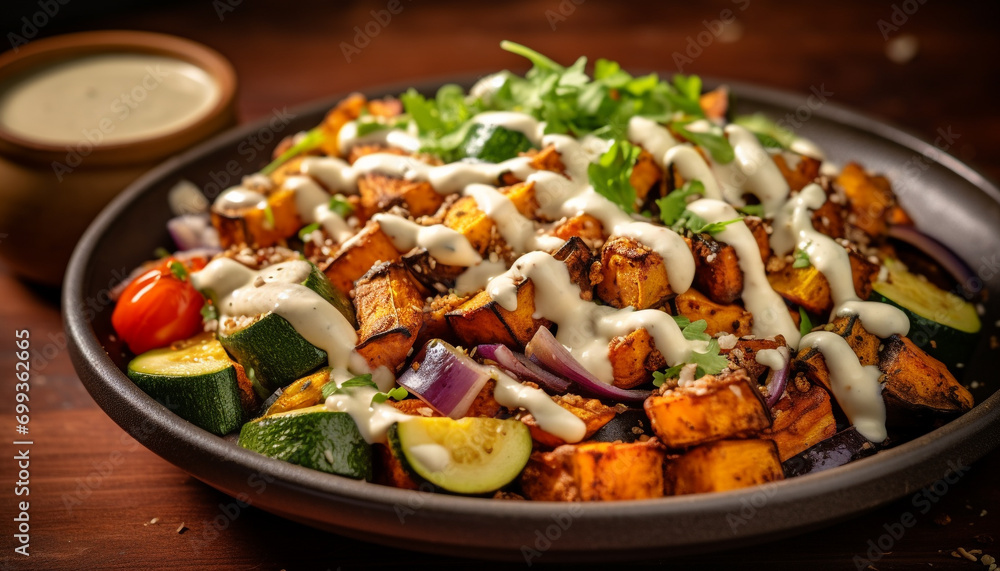 Freshness on a plate gourmet salad, grilled meat, healthy eating generated by AI Freshness on a plate gourmet salad, grilled meat, healthy eating generated by AI