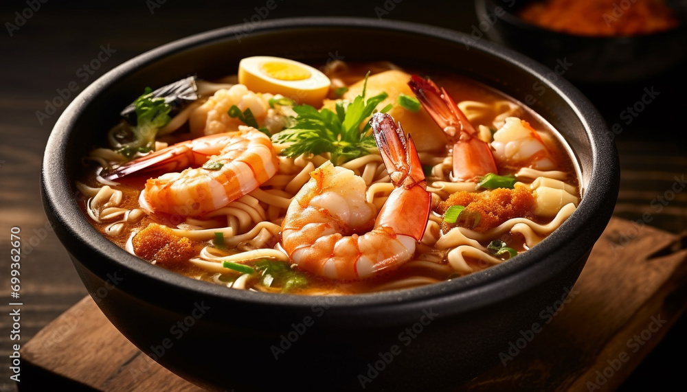 Freshness and spice in a gourmet seafood soup, a healthy meal generated by AI