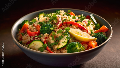 Fresh salad with tomato, onion, broccoli, carrot, and quinoa generated by AI