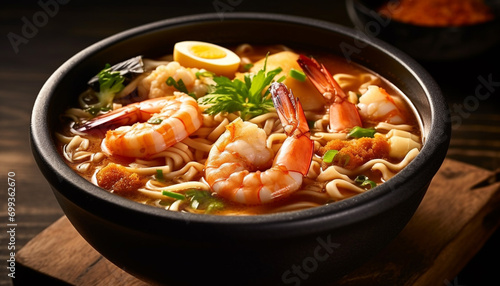 Freshness and spice in a gourmet seafood soup, a healthy meal generated by AI